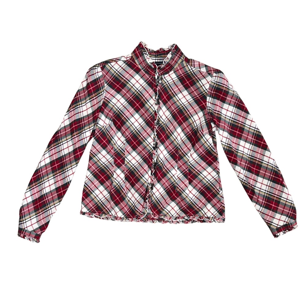 Tommy Hilfiger Red Plaid Ruffle Trim Button Up Top XL Western Cowgirl Preppy - Picture 1 of 12